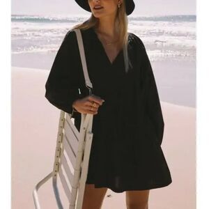 ARAMINTA JAMES Helena Mini Dress Small Black Cotton Poplin Long Sleeve Tie Neck